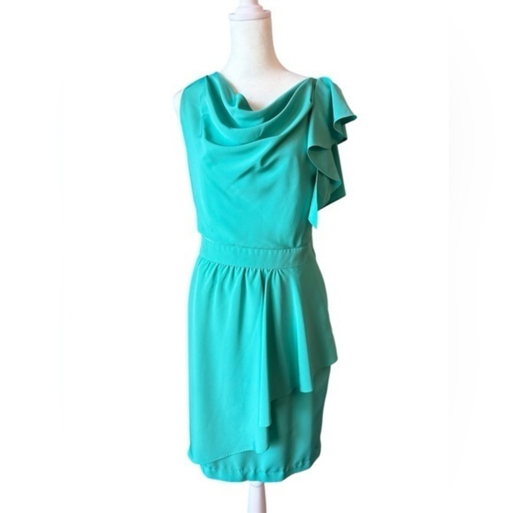 8 Julie Dillon green blue cowl drape neck asymmetrical shift dress spring